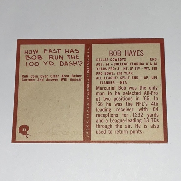 “Pre-Owned” Philadelphia 1967 #52 Bob Hayes Dallas Cowboy’s Football Card - Picture 2 of 2
